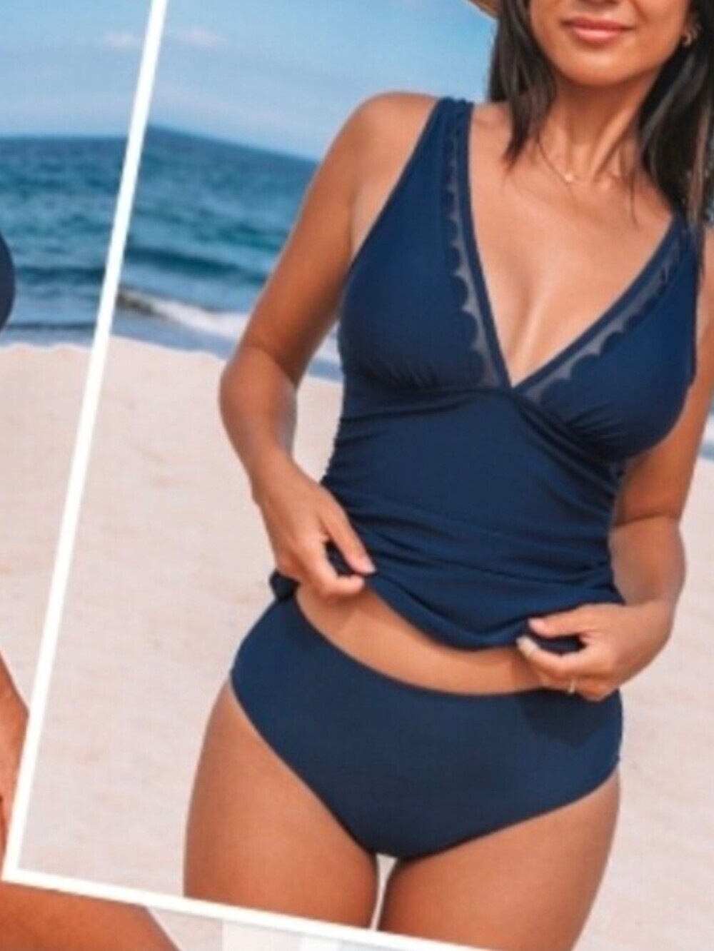 CUPSHE Tankini Sets V Neck Mesh Scalloped Two Piece Bathing Suits